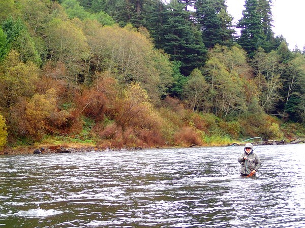 An angler playing a fish in the autumn on the Klamath